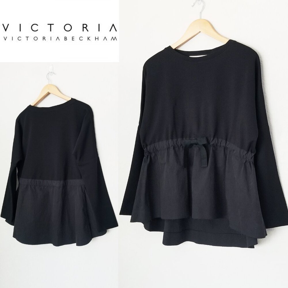 Victoria Beckham VVB Black Drawstring Tie Peplum Waist Mixed Media Sweatshirt 4
